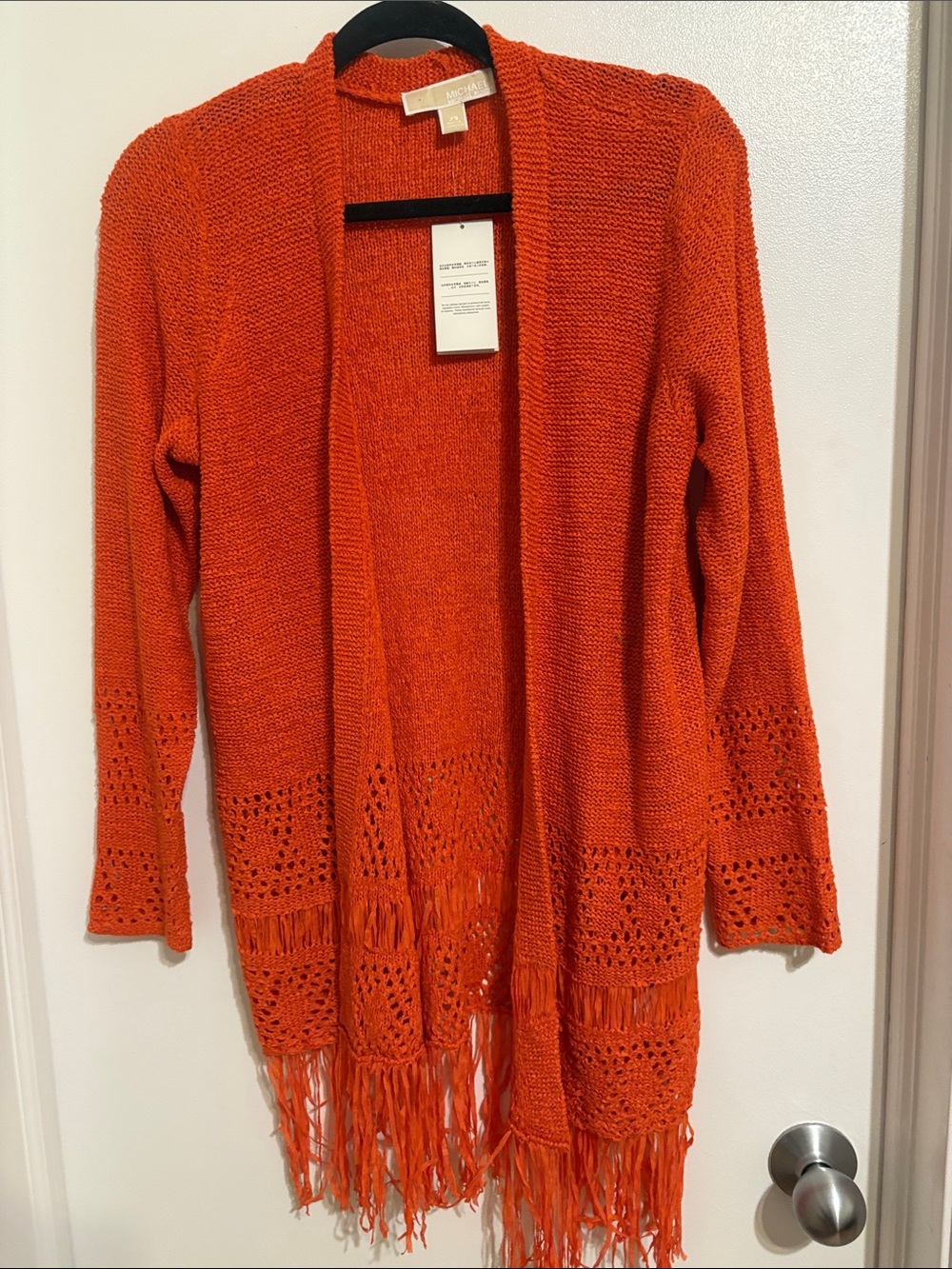 Michael Kors Orange Open-Front Fringe Crochet Cardigan